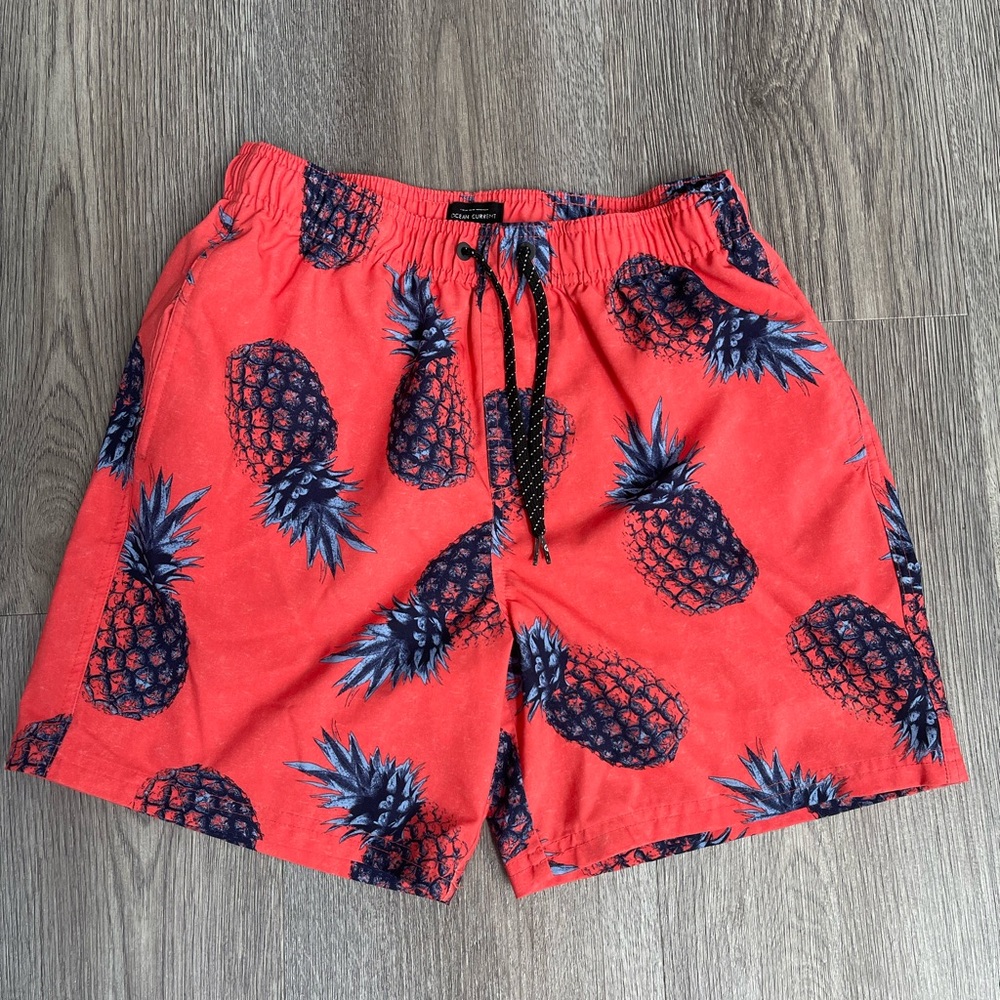 Ocean Current Red and Blue Pineapple Swim Trunks